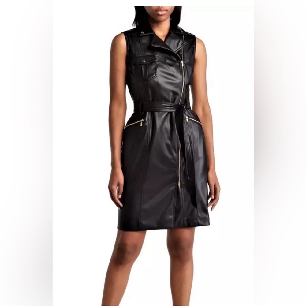 Calvin Klein Black Leather Sleeveless Belted Dress